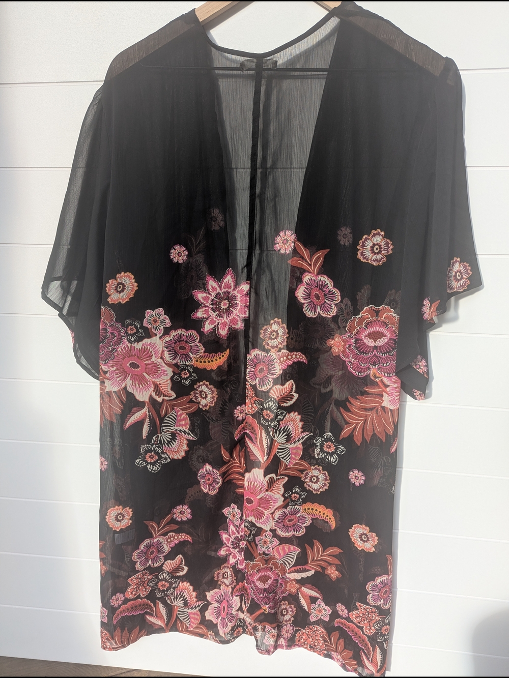 Maurices Sheer Black Floral Kimono Cover-Up with Embroidery